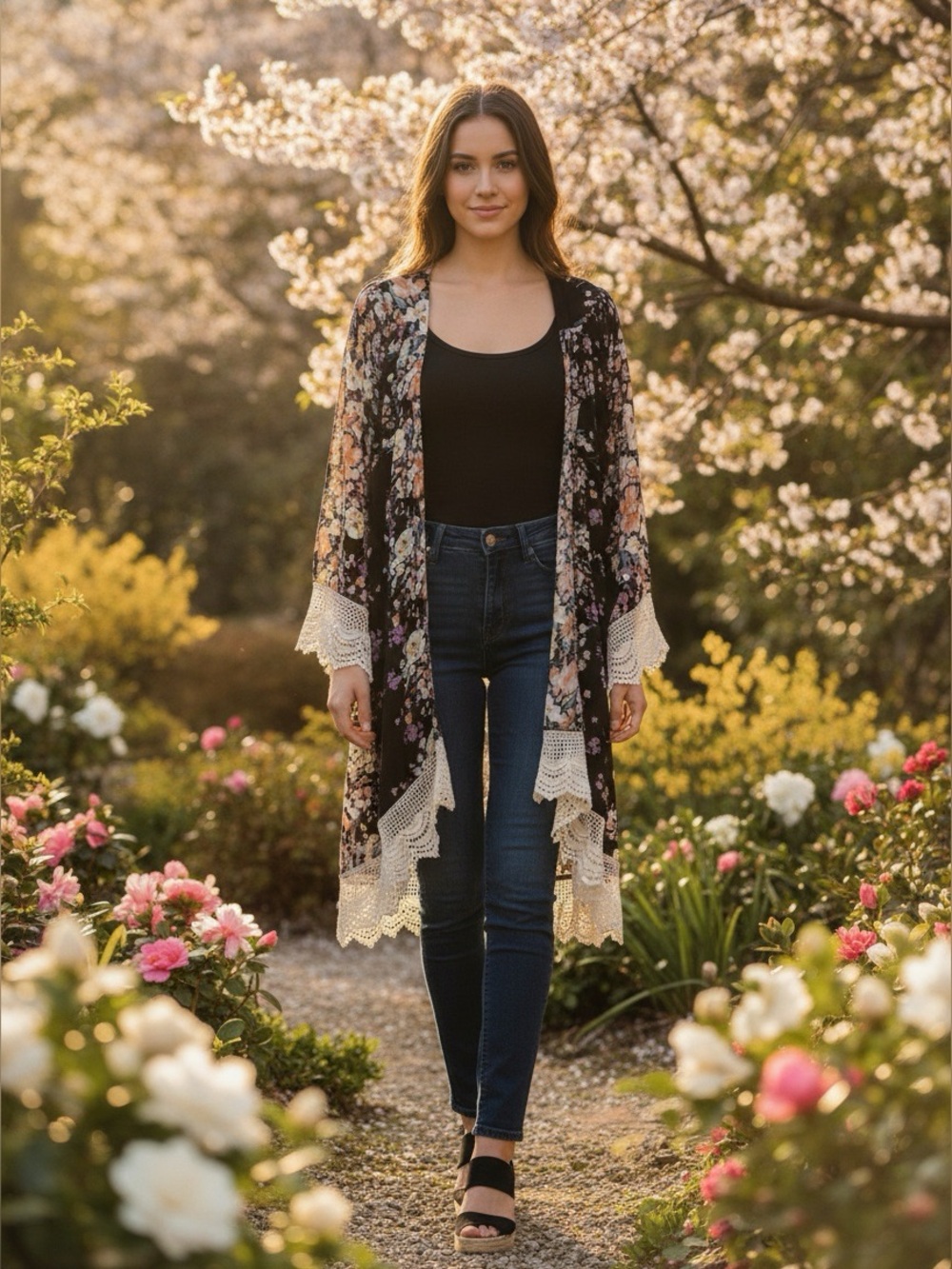 Umgee Boho Floral Open Front Kimono Crochet Lace Hem Festival Layering Top